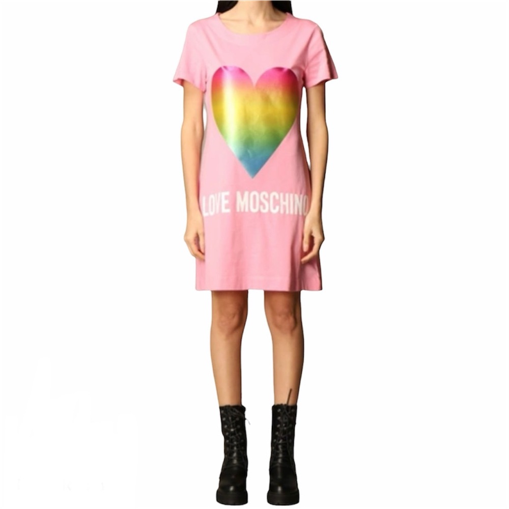 Moschino Pink Holographic Rainbow Heart T-Shirt Dress Size Small